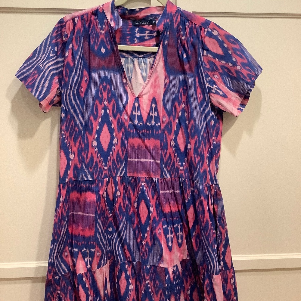 La Plage Alison Short Sleeve Dress, size medium in pink and blue